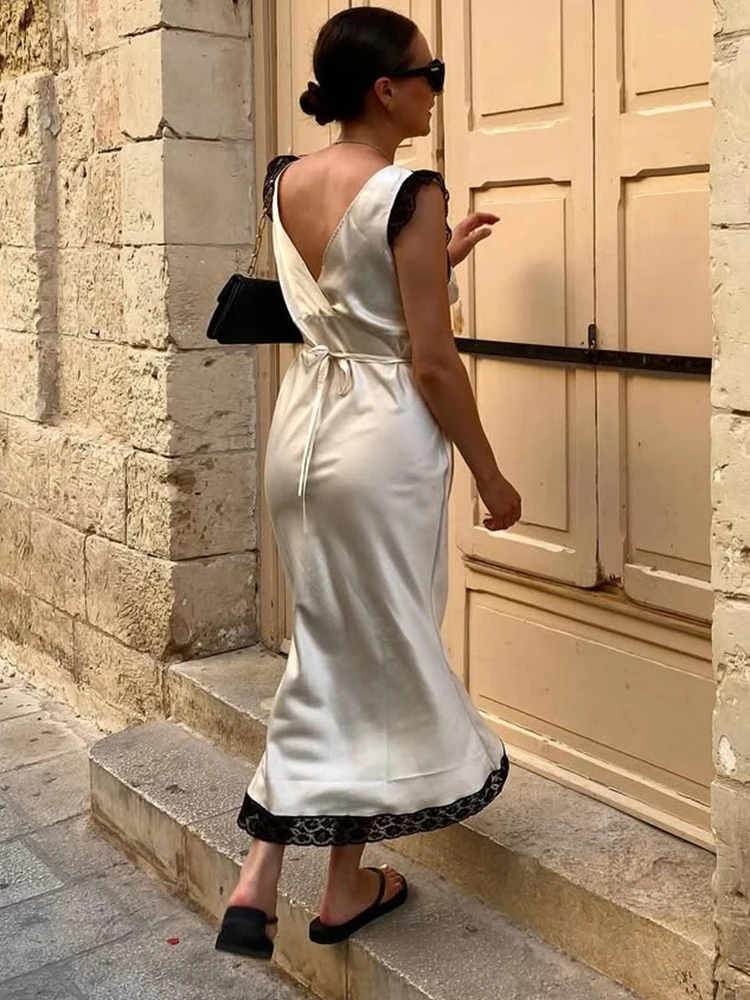 トレンドレースホローサテンロングドレス、セクシーなオフショルダーラッフルスリットマキシドレス、パーティー、クラブ、バックレスエレガントなイブニングドレス