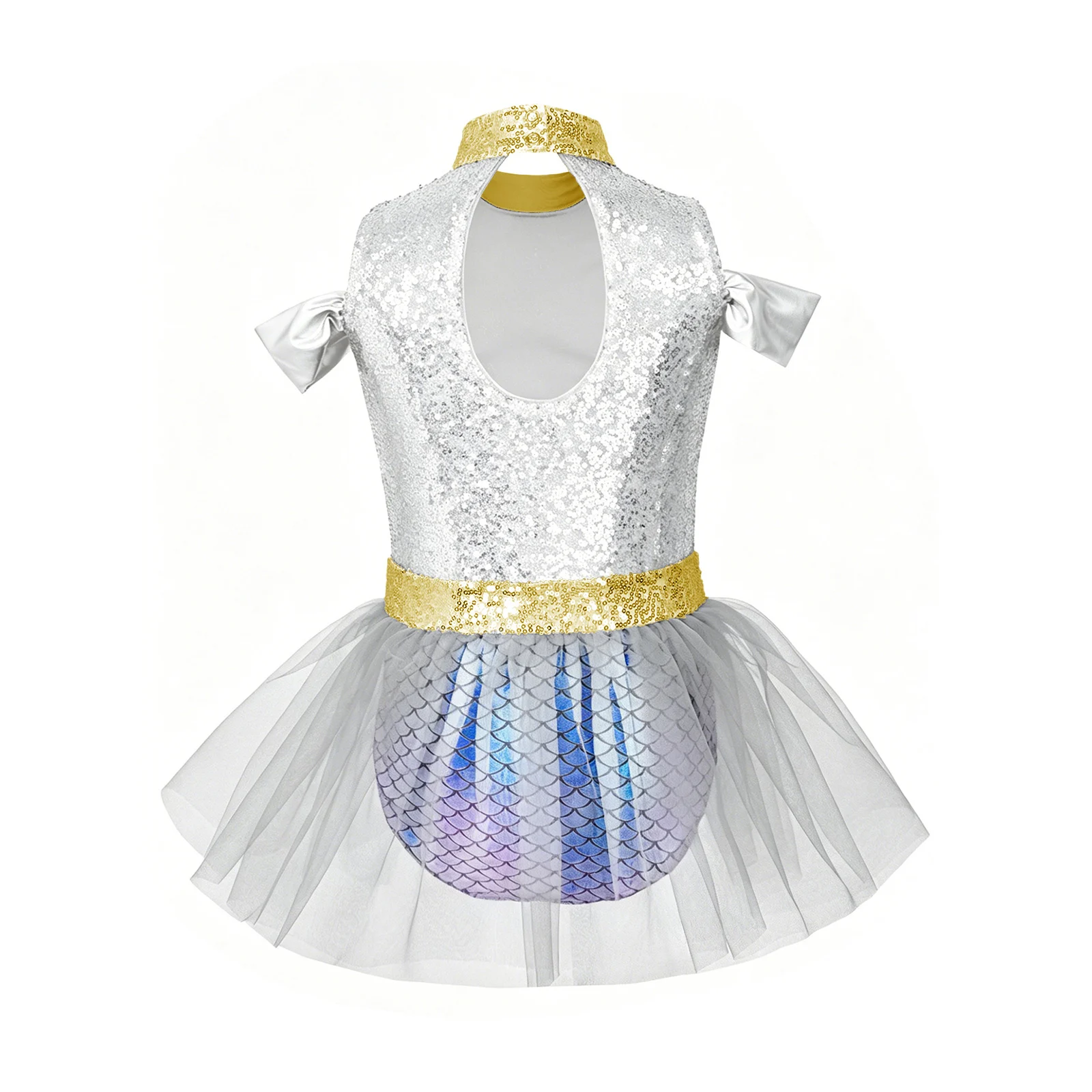 Mermaid Princess Ballerina Costume Girls Ballet Tutu Leotard Dress Fish Scales Sleeveless Sequins Bowknot Tulle Skirted Jumpsuit