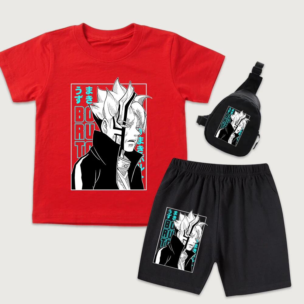 Kids Boruto Anime Print T Shirt Shorts Set with Mini Chest Bag 3 Piece Casual Suit for Boys and Girls Soft Cotton Breathable
