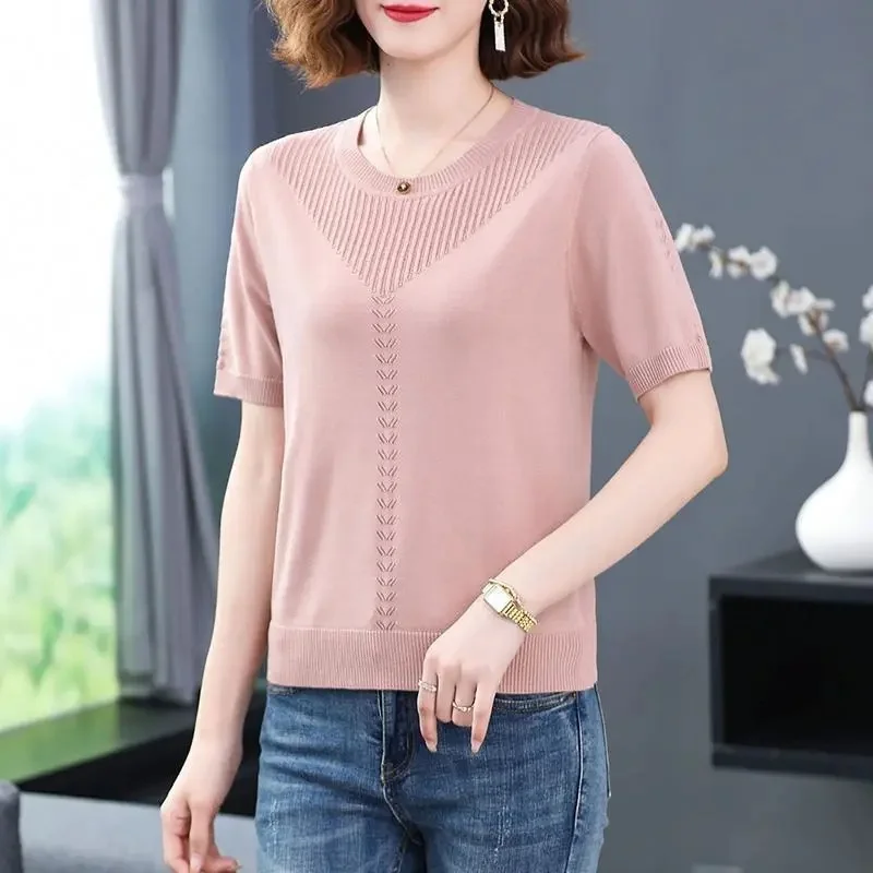 2024 New Korean Women's Sweater Knit Loose Summer off-Neck Thin O-neck T-shirt Small Length Jumper Short sleeve Bottoming Shirt