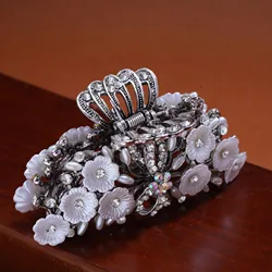 French retro women's crab hair clips accessories large white sparkling diamond clip antique silver electroplating flower hairpin