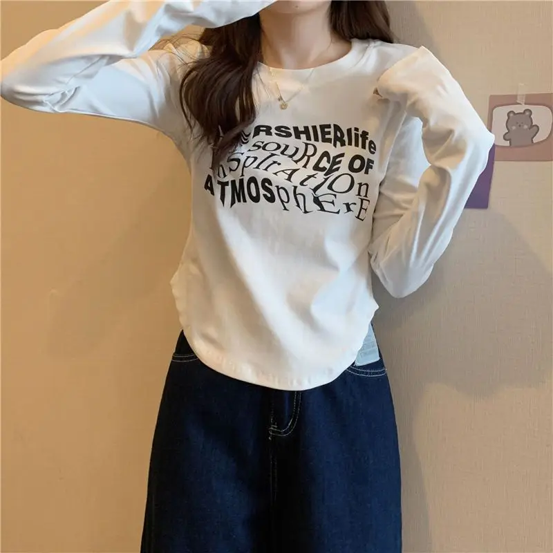 Camiseta Casual Versátil de Manga Larga con Dobladillo Redondo para Mujer, Diseño Picante de Principios de Otoño, Top Adelgazante de Moda, Mezcla de Algodón y Lycra