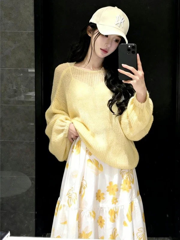 

Women's Knitted Long Sve Sweater And Floral Skirt Two-Piece Set Spring Summer Loose Fit High Waist Gown Drapey Sle