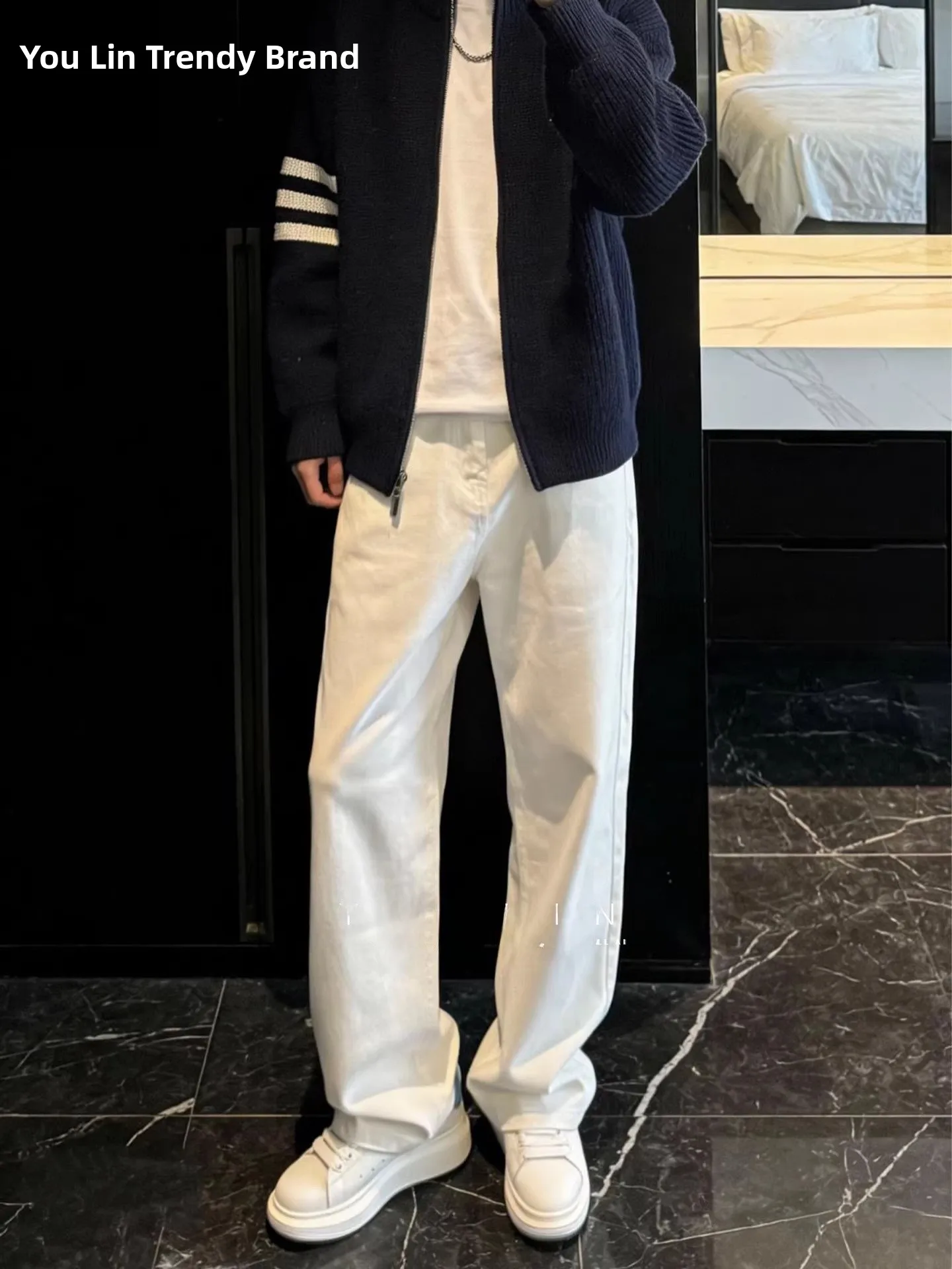 

Cleanfit White Men's Slim Fit High Waist Jeans Distred Straight Leg Casual Wear Durable Comfortable High Street Sle