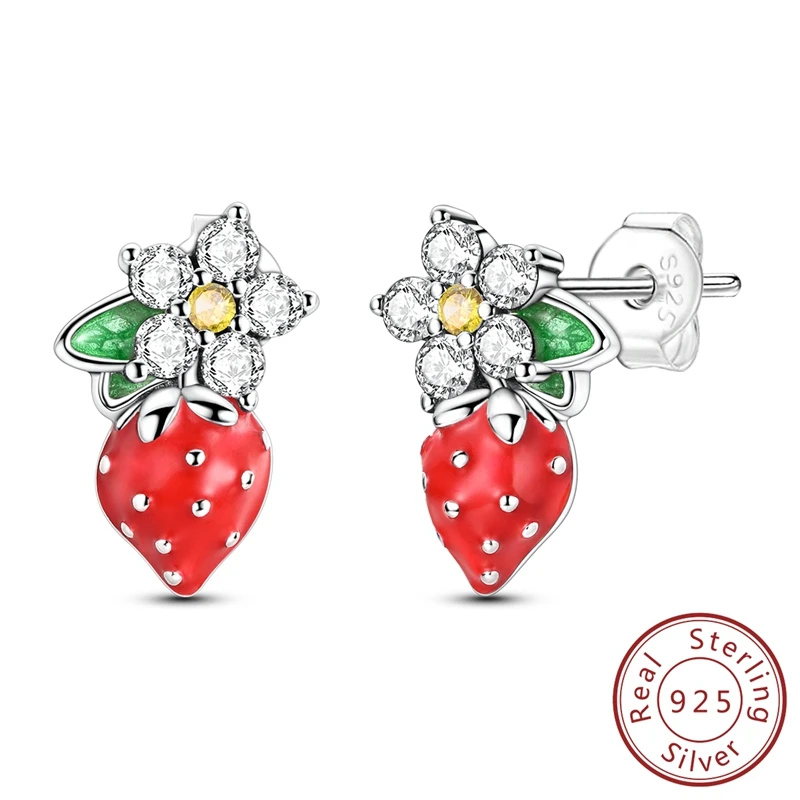 

100% S925 Sterling Silver Strawberry Blossoms FlowerStud Earrings For Women Free Combination Piercing Studs Earring Jewelry