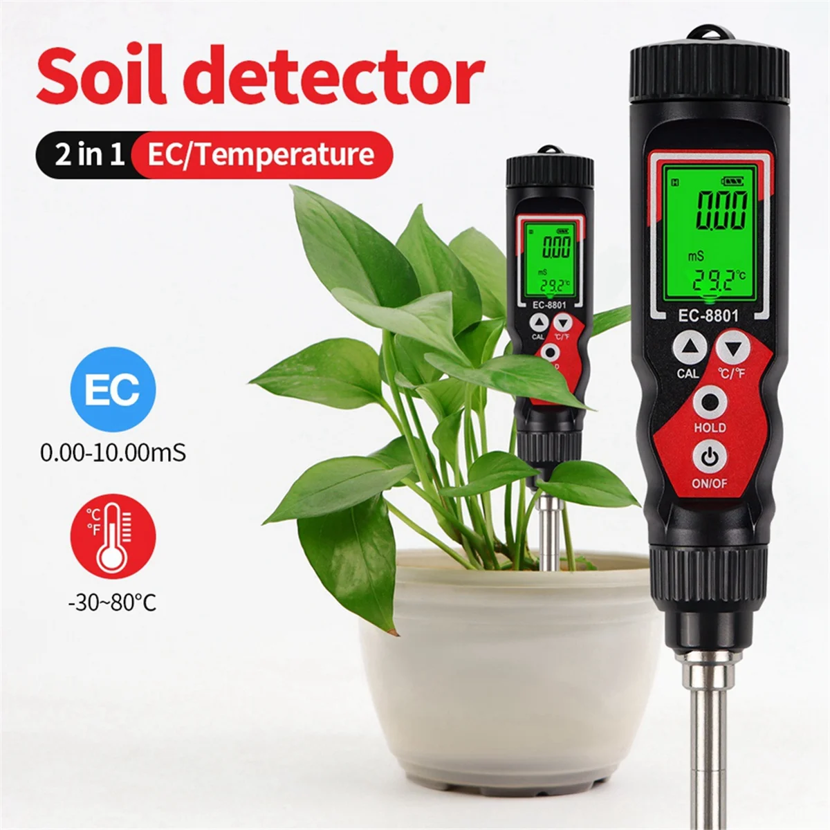 EC Soil Detector Digital EC Temperature Soil Tester Electrical Conductivity Soil Meter for Potted Plants Garden