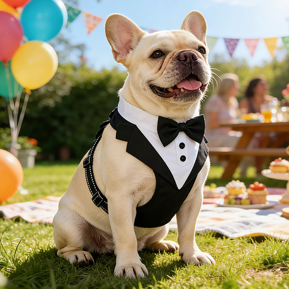 Hochzeits-Hundegeschirr im Smoking-Stil mit Fliege, verstellbare, atmungsaktive Weste mit D-Ring, kein Ziehen, für kleine und mittelgroße Hunde – Detail 22