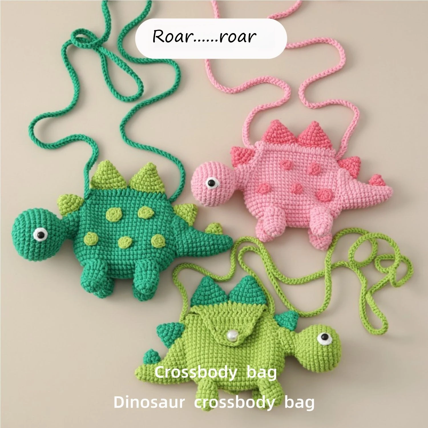 Cute boys handmade  woven  dinosaur messenger  little girls crocheted change  lipstick bag