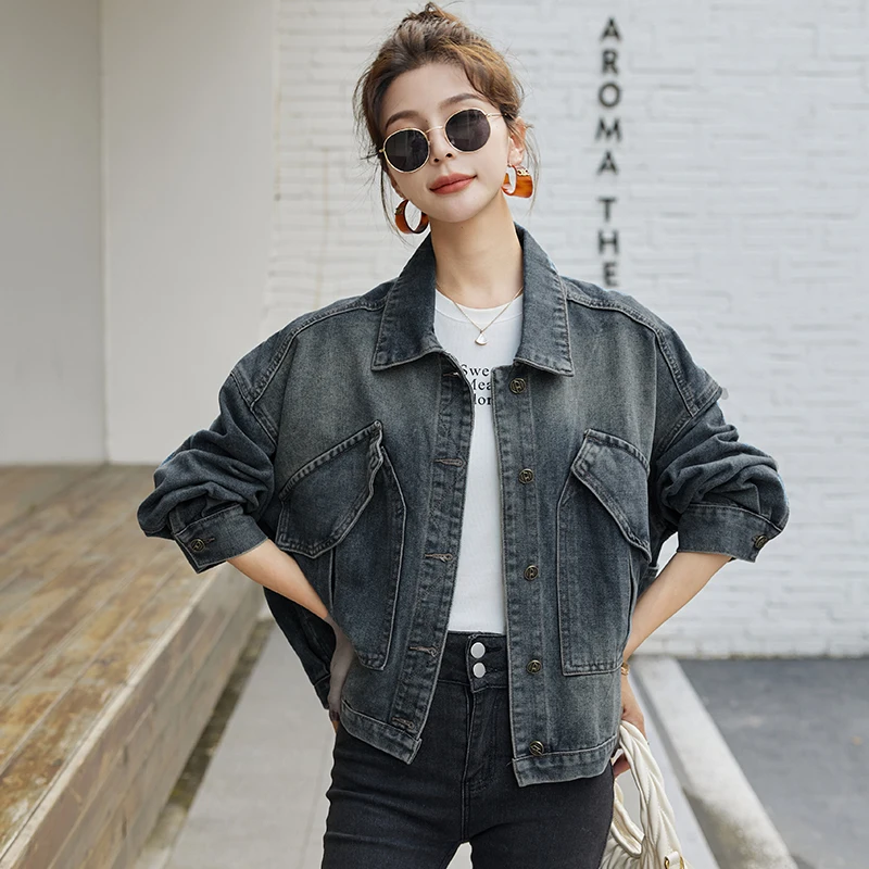 

Высококачественная джинсовая ткань в стиле ретро, женская повседневная свободная верхняя одежда, модная верхняя одежда из смеси хлопка и полиэстера, обычная тонкая