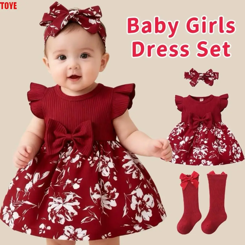 

Sweet Bow Baby Girl Dress Cotton Floral Newborn Clothes Set Short Sleeve Soft Infant Red Princess Dress Baby Aged 3-12 Months