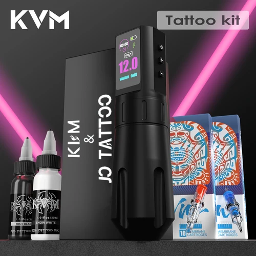 Kit de pluma de tatuaje inalámbrica KVM, Kit de pistola de tatuaje, modo Dual, unidad directa, pantalla IPS, función de temporizador, batería, Kit de máquina de tatuaje de 1800mAh