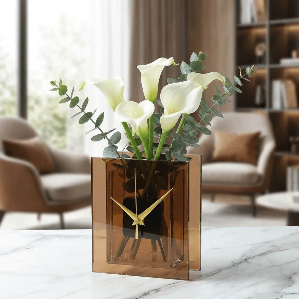 Modern Flower-Insertable Clock Minimalist Unique Crystal Glass Clock Quiet Nordic Style Square Table Clock Living Room