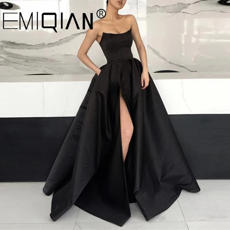 Strapless Party Gown Satin High Slit Prom Dresses Long vestido fiesta Simple Evening Dresses