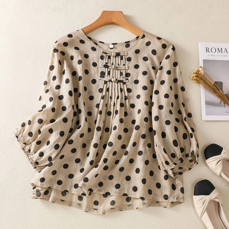 Polka Dots Chiński Styl Bluzki Damskie Letnie Bawełniane Topy Konopie Odzież Vintage Sprzedaż Luźne Koreańskie Koszule Damskie z Krótkim Rękawem