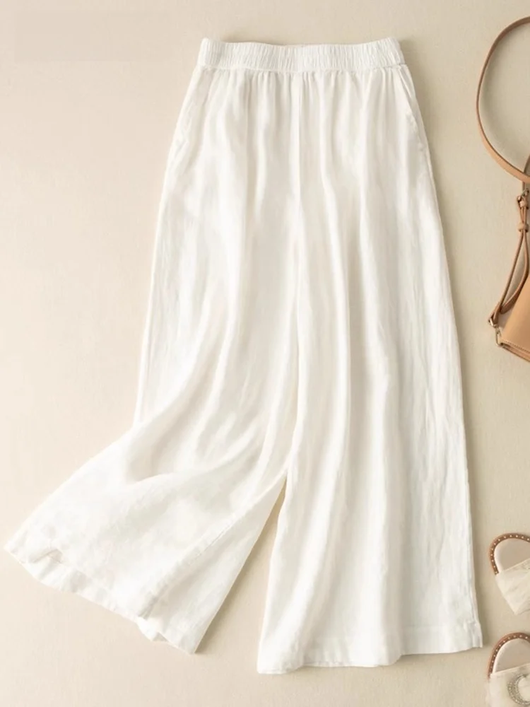 Summer Thin Faion Simple Linen Wide Leg Pants Women Elastic Waist Small Size Loose Sle Cool Seven-Foot Pants Casual Strai...