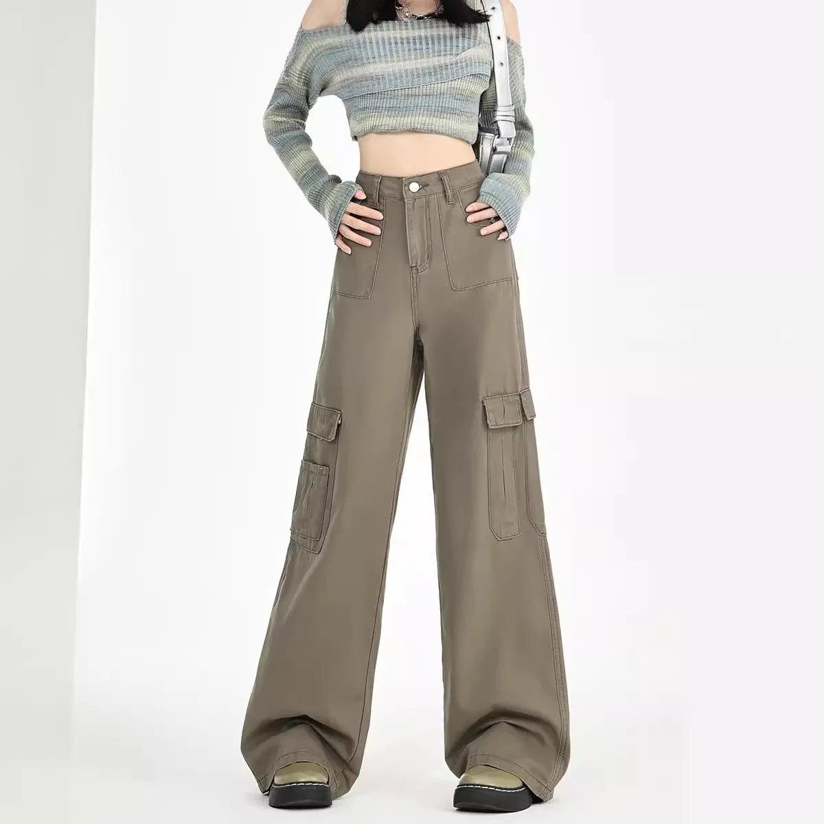 ใหม่สีทึบสบายๆกางเกงยีนส์ขากว้างเอวสูง, สุภาพสตรี Four Seasons แฟชั่นใหม่และกางเกงยีนส์คาร์โก้ยาวพื้นลําลองอเนกประสงค์