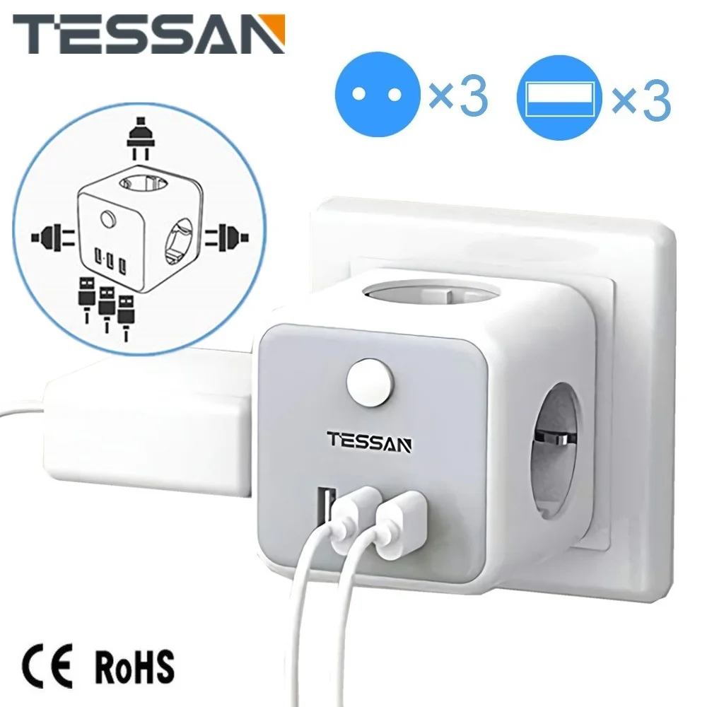 

TESSAN European USB Wall Socket Cube with 3 AC Outlets 3 USB Ports On/Off Switch, 100-250V Power Strip Charger Adapter for Home