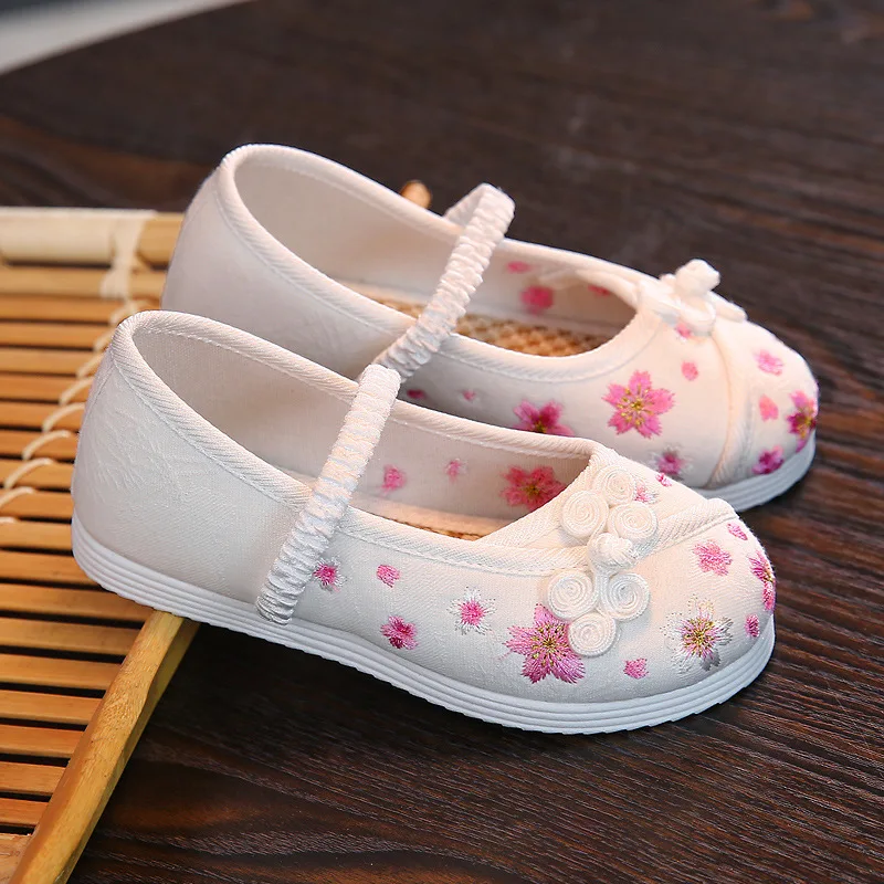 Embroidered Shoes for Girls Chinese Style Cotton Cloth Shoes Red Pink White Children Comfortable Flat Shoes Kids Princess Shoes