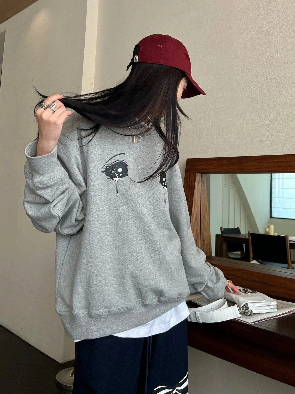 

Теплый корейский свитшот East Today с принтом «Слезы», свободного кроя, из чистого хлопка, для осени и зимы, с круглым вырезом