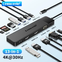 Lemorele 듀얼 HDMI USB 허브 C타입 허브, 4K HDMI 어댑터, 13 in 1 분배기, VGA USB 3.0, PD100W 독, 맥북 프로 에어 M2