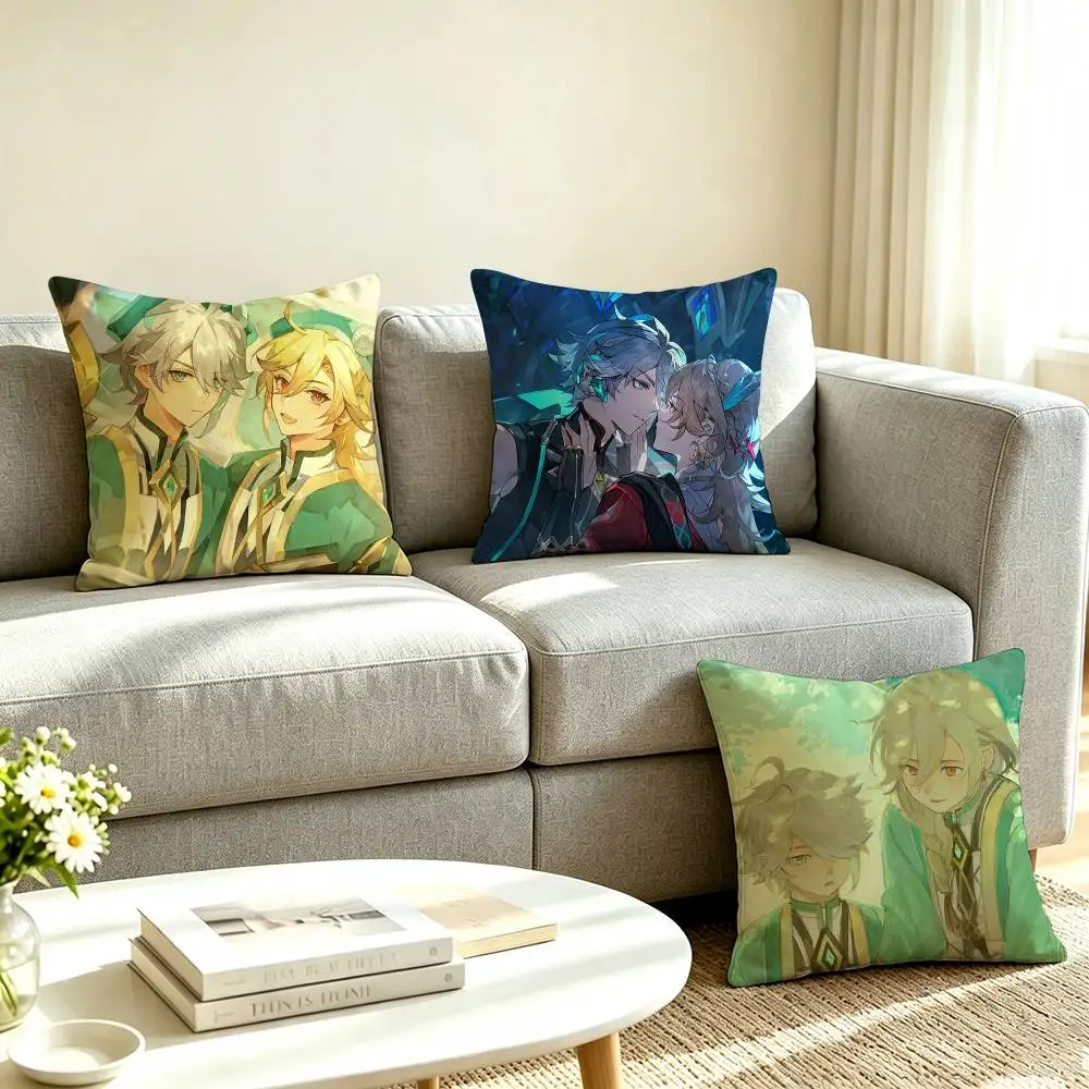 A-Alhaitham Kaveh Genshin Impact  Square Double-Sided printed Pillow Case Bedroom Bedside Pillow Sofa Cushion Cover