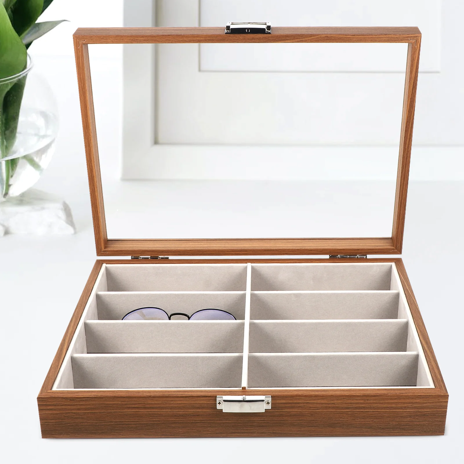 

8 Grid Glasses Case Outdoor Clear Display Convenient Pouch for Sunglasses Wooden