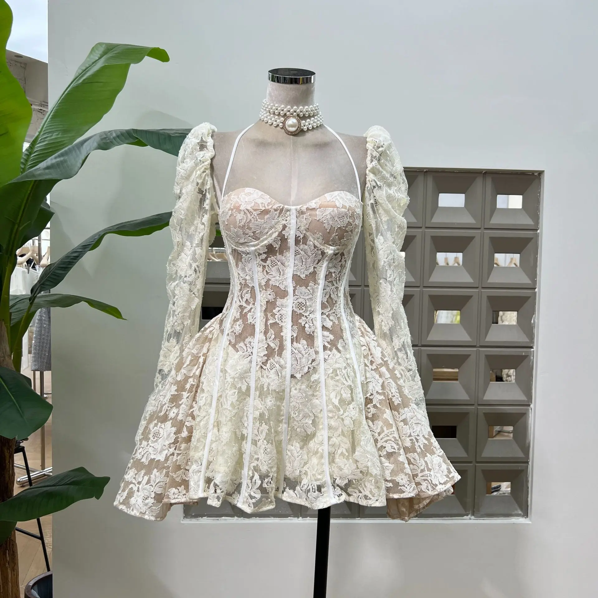 

Summer New Lace Long Sleeve Lace Patwork Short Dress 2025 New Fashion High Waist Ruffle Fishbone Holiday Style Prom Dresses