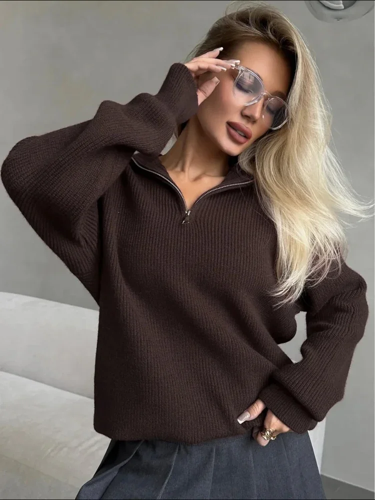 Fashion Black Sweater Half-Zip Lapel Long Sleeve Knitwear Pullover Leisure Loose Autumn Winter Thicken Sweater Women