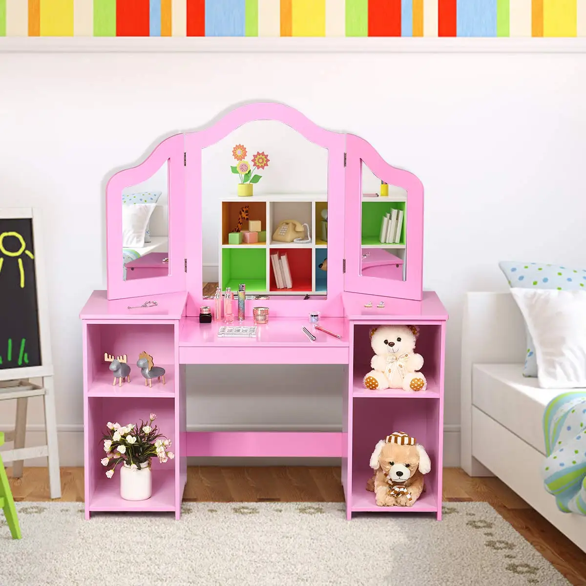 #Detachable Kids Vanity Table & Desk with Mirror &  Storage Shelves for Bedroom Study Room Pink