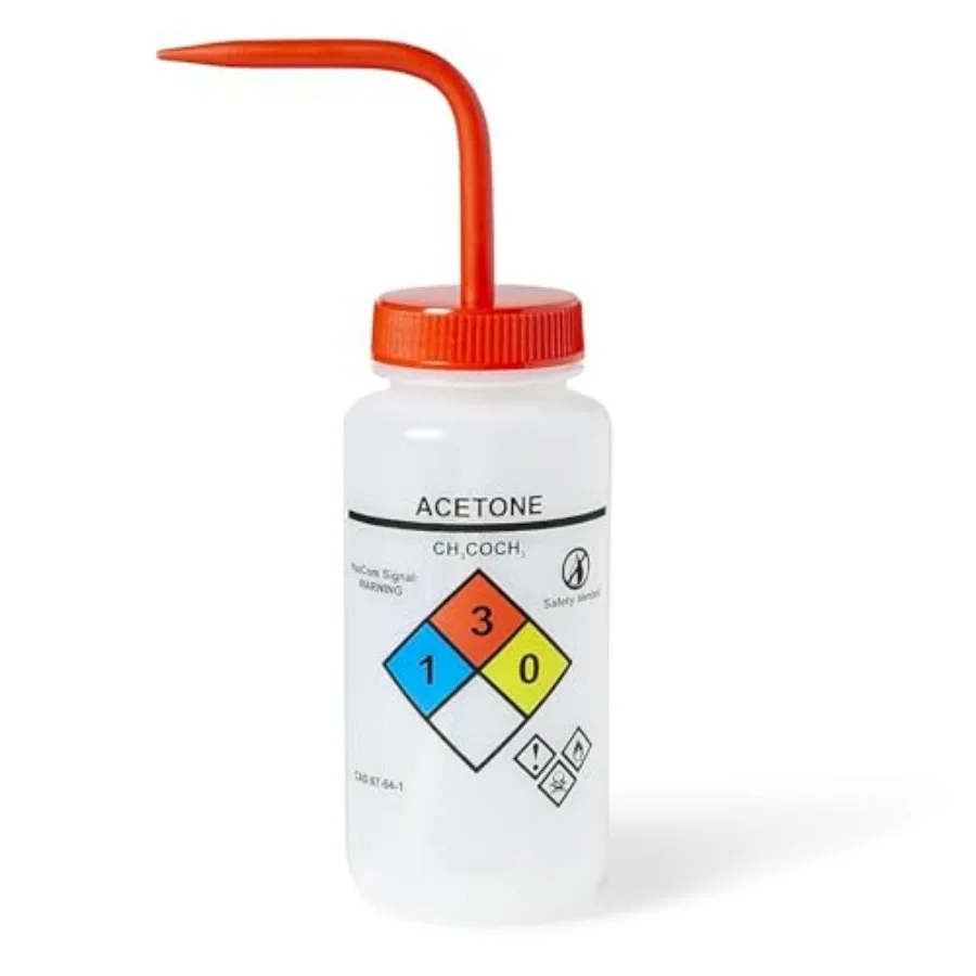 

™ UniSafe™ Acetone Squeeze Bottle Wide Mouth Wash Bottles 500mL 16oz Pack of 6 Pre-Labeled LDPE Chemical Wash Bottle w/Red Colo