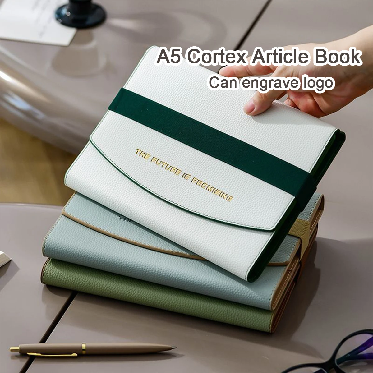 (Can Engrave Logo) A5 High-grade Leather Business Notebook, With Strap Design, Work Notepad, Student Study Notes, Buckle Diary