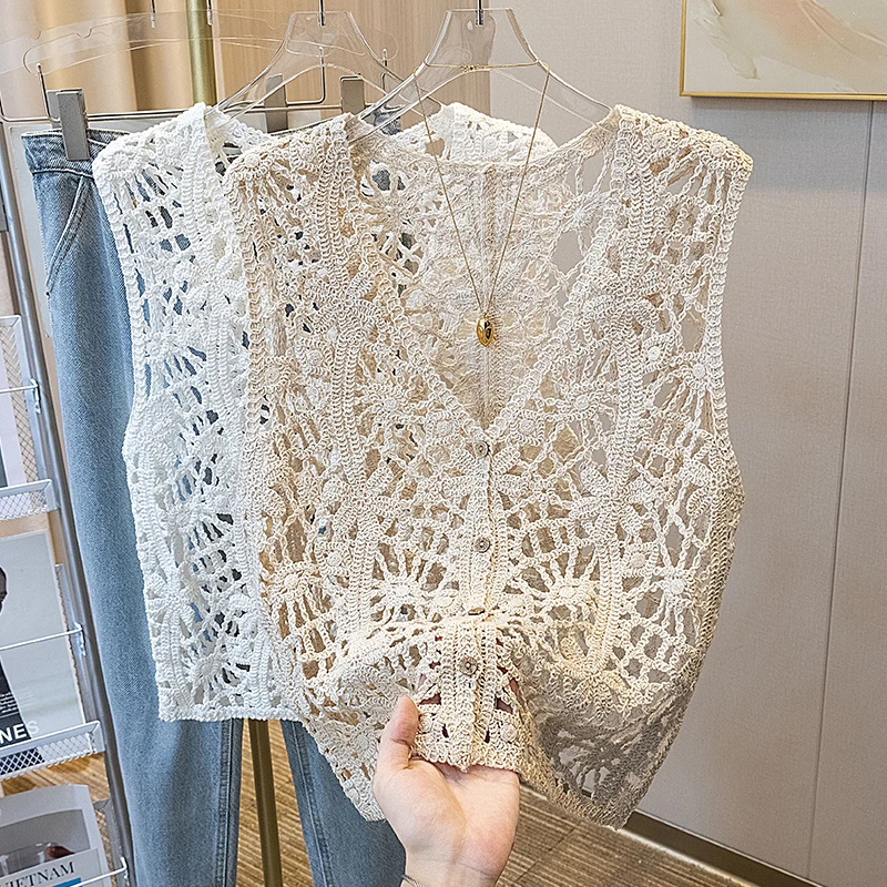 

Faionable Hollow out Color Svel Vest Women's Cardigan irt Layering Spring Summer New Arrival Ele Top