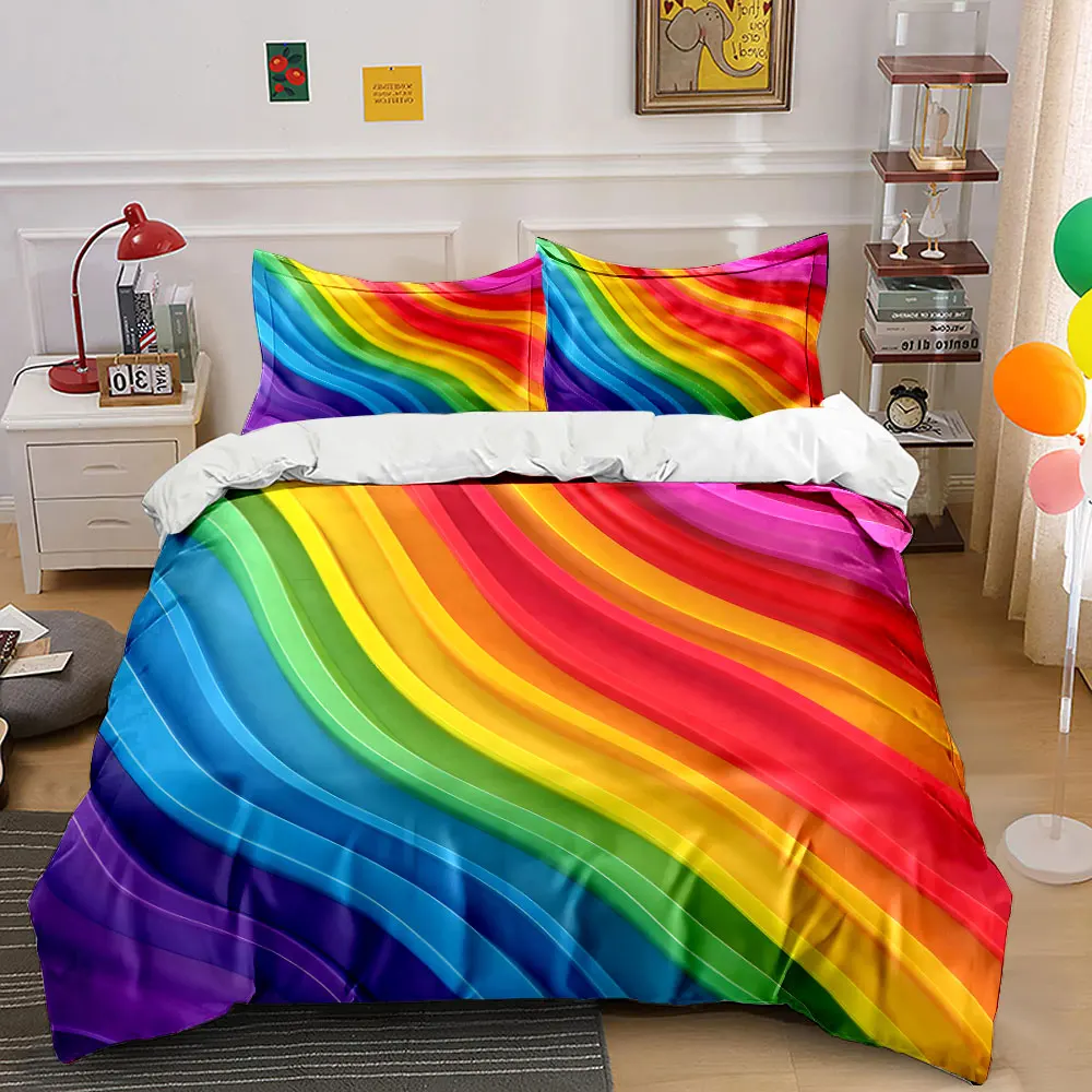 Buntes Regenbogen-Wellenmuster. Bedrucktes Bettwäsche-Set, 1 Bettbezug, 2 Kissenbezüge für Erwachsene und Kinder, Luxus-Geschenk, volle Größe