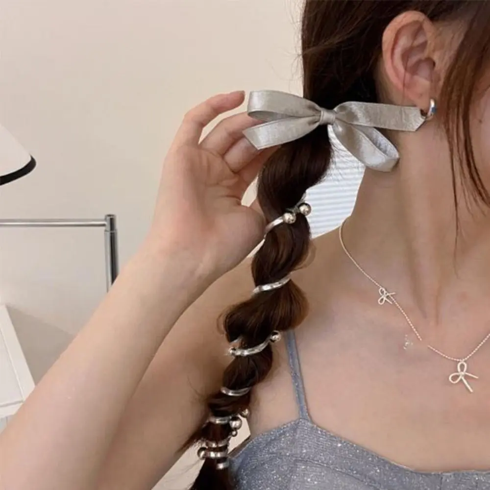 

Balletcore Telephone Wire Hair Rope Silver Bow Straight Telephone Line Headband Hair Styling Tools Scrunchies Braid Hair Tie