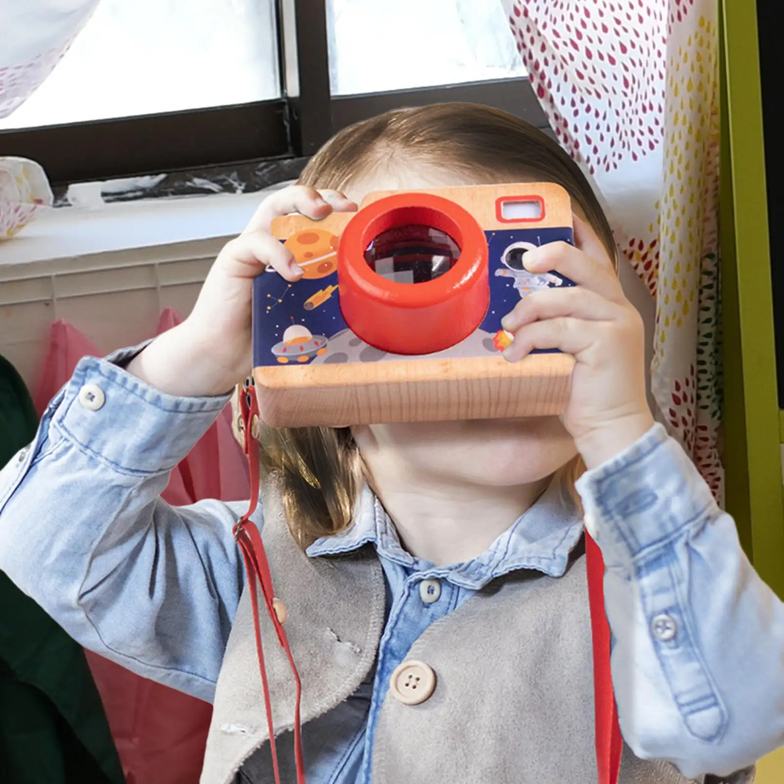 Simulazione fotocamera in legno cordino regolabile per il collo unico fatto a mano finta gioca giocattolo per bambini giocattolo per bambini in età prescolare ragazzi ragazze compleanno del bambino