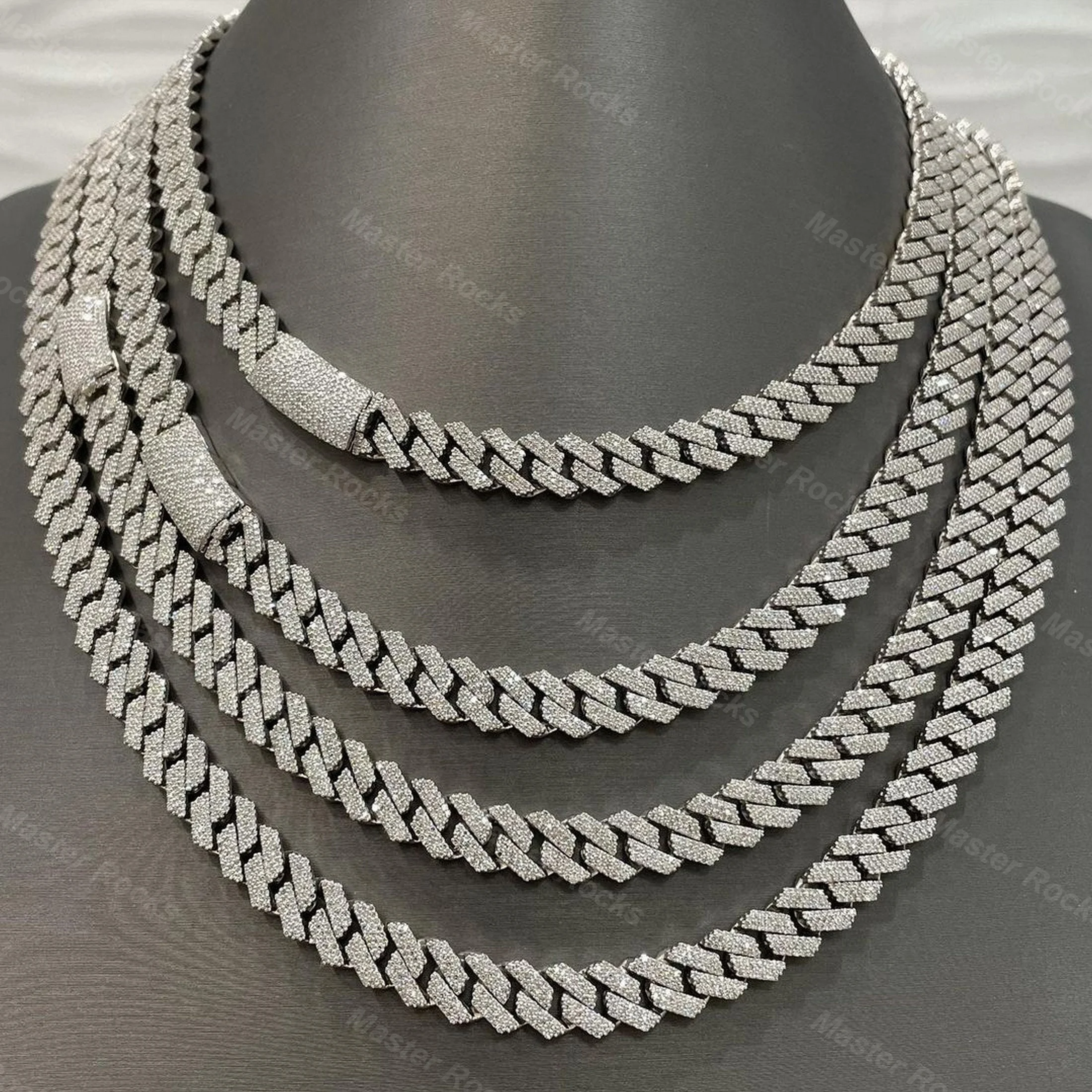 High Quality Sterling Silver Cuban Necklace 15mm 3 Rows Hip Hop Miami Cuban Link Chain VVS Moissanite Diamond