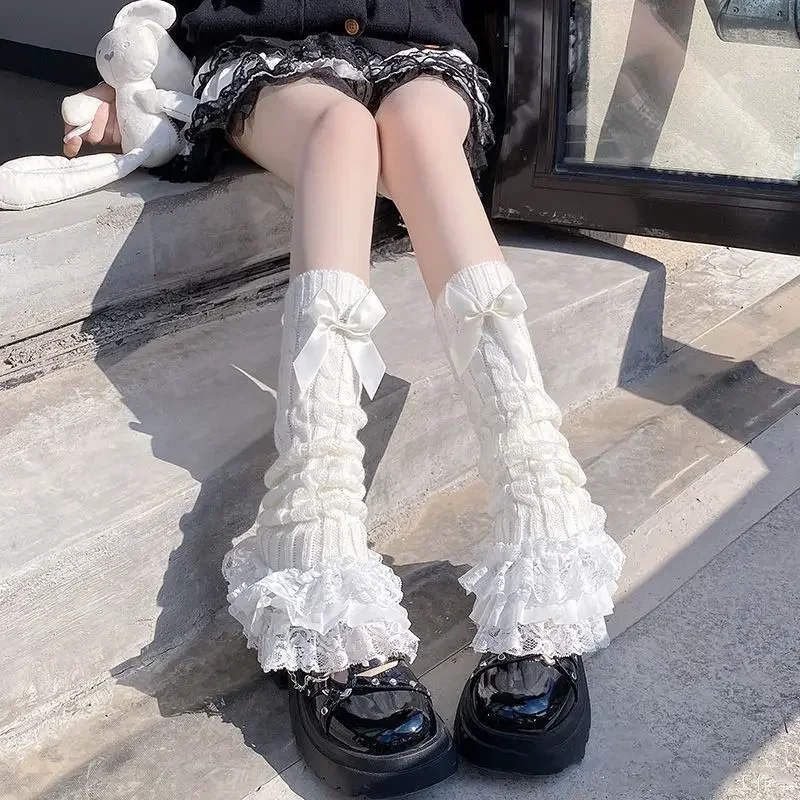 

Japanese Women Knitted Leg Warmer Bow Tiered Ruffled Socks Girl Lace Lolita Socks Calf T-shaped Lace Leg Horn Warmers Women