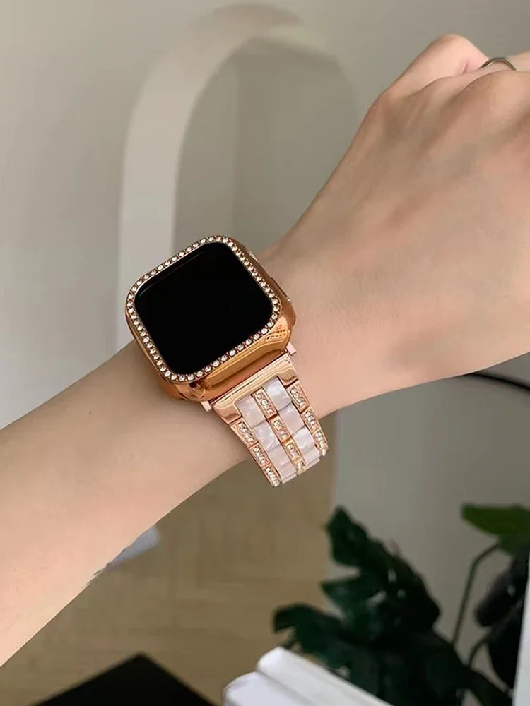 Lady Resin Strap For Apple Watch Ultra 2 49mm Band 6 5 4 se 3 2 40mm 44 42mm Diamond Bracelet for iWatch 9 8 7 41mm 45mm Correa