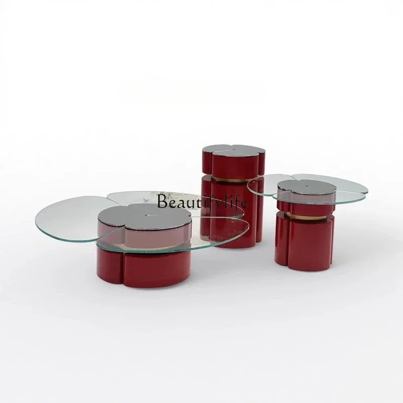 

04ld14 Italian Minimalist Modern Simple Designer Living Room Home Red Stainless Steel High-End Coffee Table Set