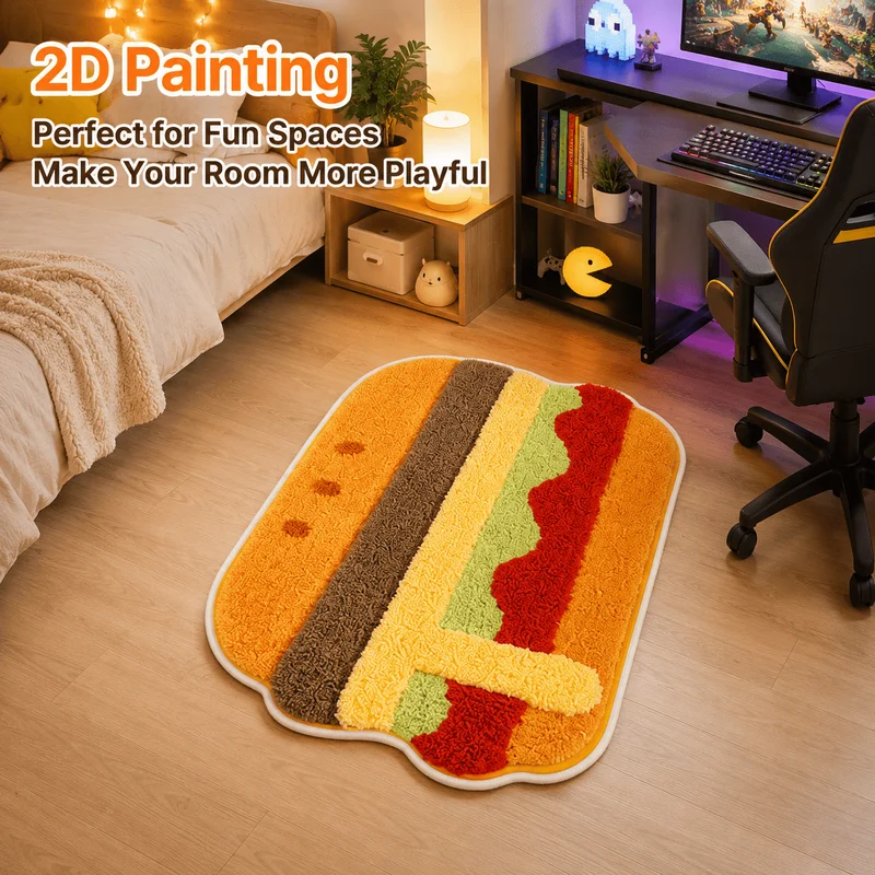 VIKAMA Funny Burger Food Gift Irregular Shaped Rug Soft Plush Non-Slip Washable Absorbent Bedroom Bedside Mat Holiday Home Decor
