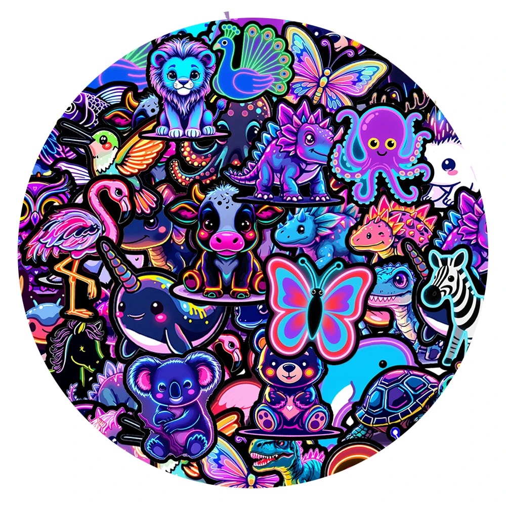10/30/50pcs Funny Neon Light Animal Stickers Toy DIY Notebook Suitcase Phone Bike Car Cute Cartoon Sticker Aesthetic Decals Pack