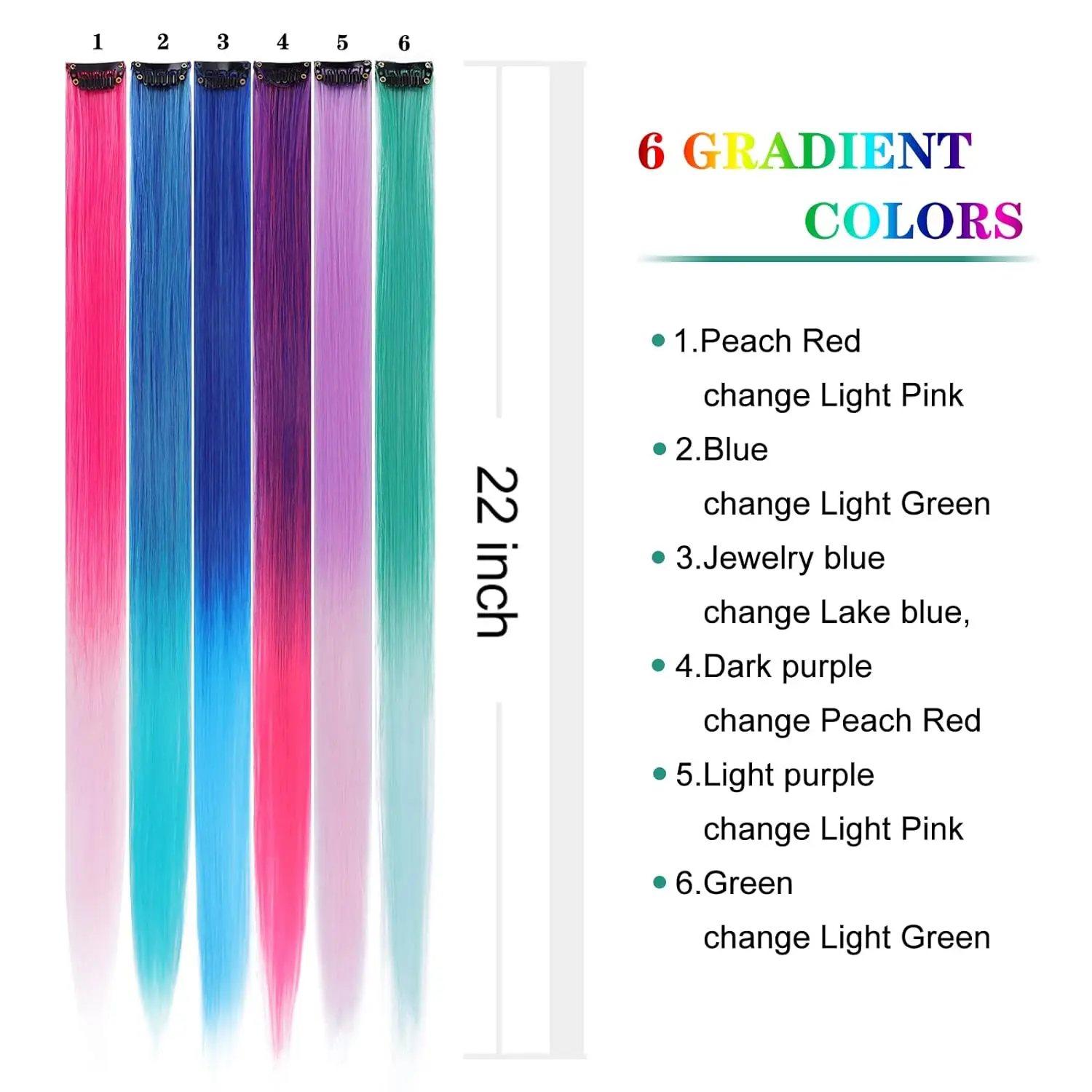 20Pcs Girls Hair Accessories Rainbow Colore Hair Extensions Clip in Party Highlight 22inch Straight Synthetic Rainbow Hairpieces