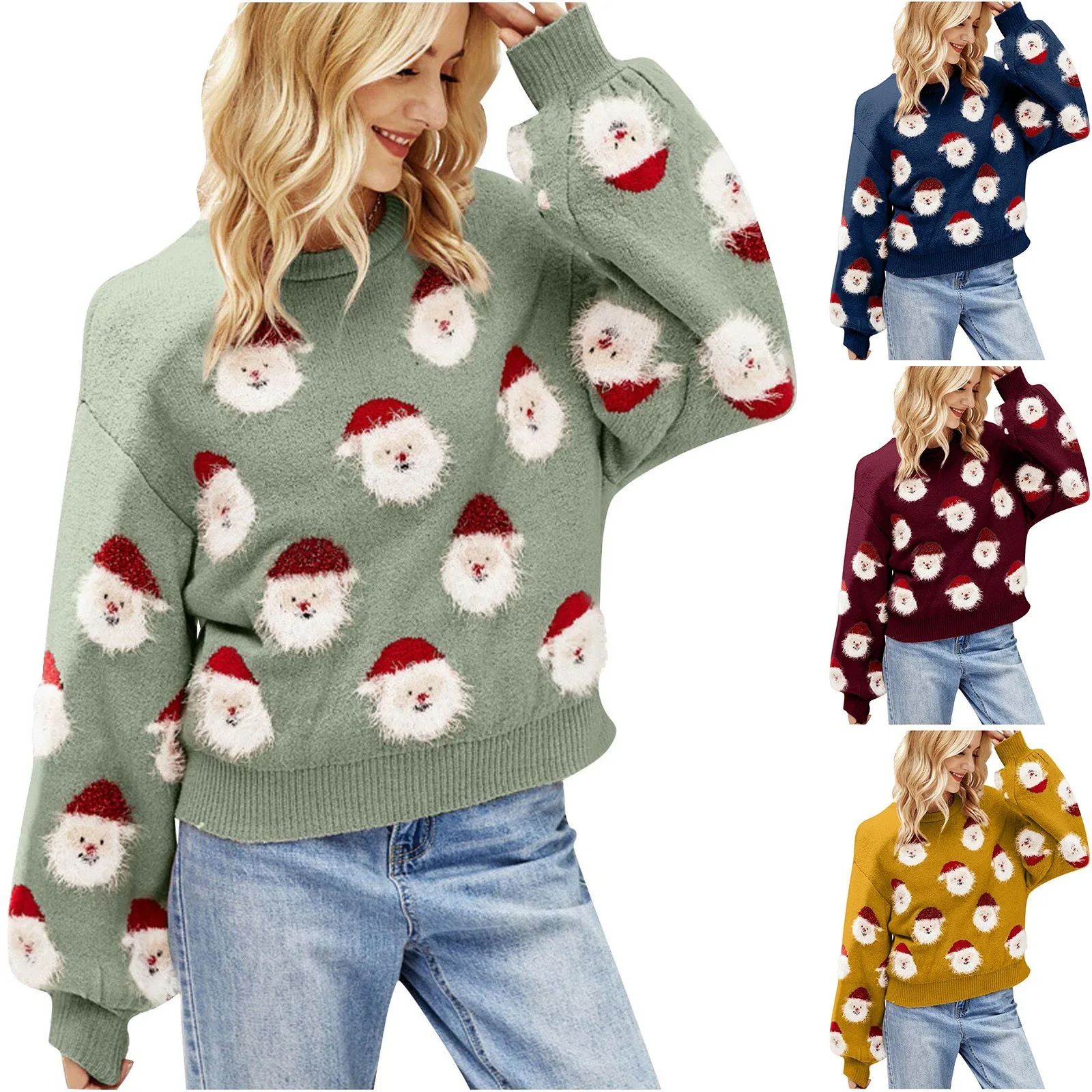 2024 New Family Christmas Knitted Sweater Mom Kids Women Long Sleeve Crewneck Santa Claus Printed Jumpers Pullover Sweatshirt