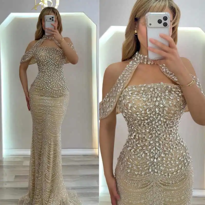 

Sparkling Crystals Mermaid Prom Dresses Halter Neck Sleeveless Evening Gowns Beaded Floor Length Celebrity Party Customized