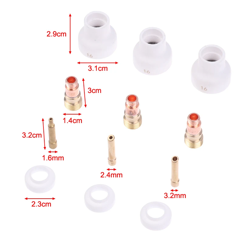 4Pcs TIG Welding 1.6/2.4/3.2mm White Ceramic Nozzle Alumina Cup Kit Torches WP17 18 26 Stubby Collets Body Gas Lens Set