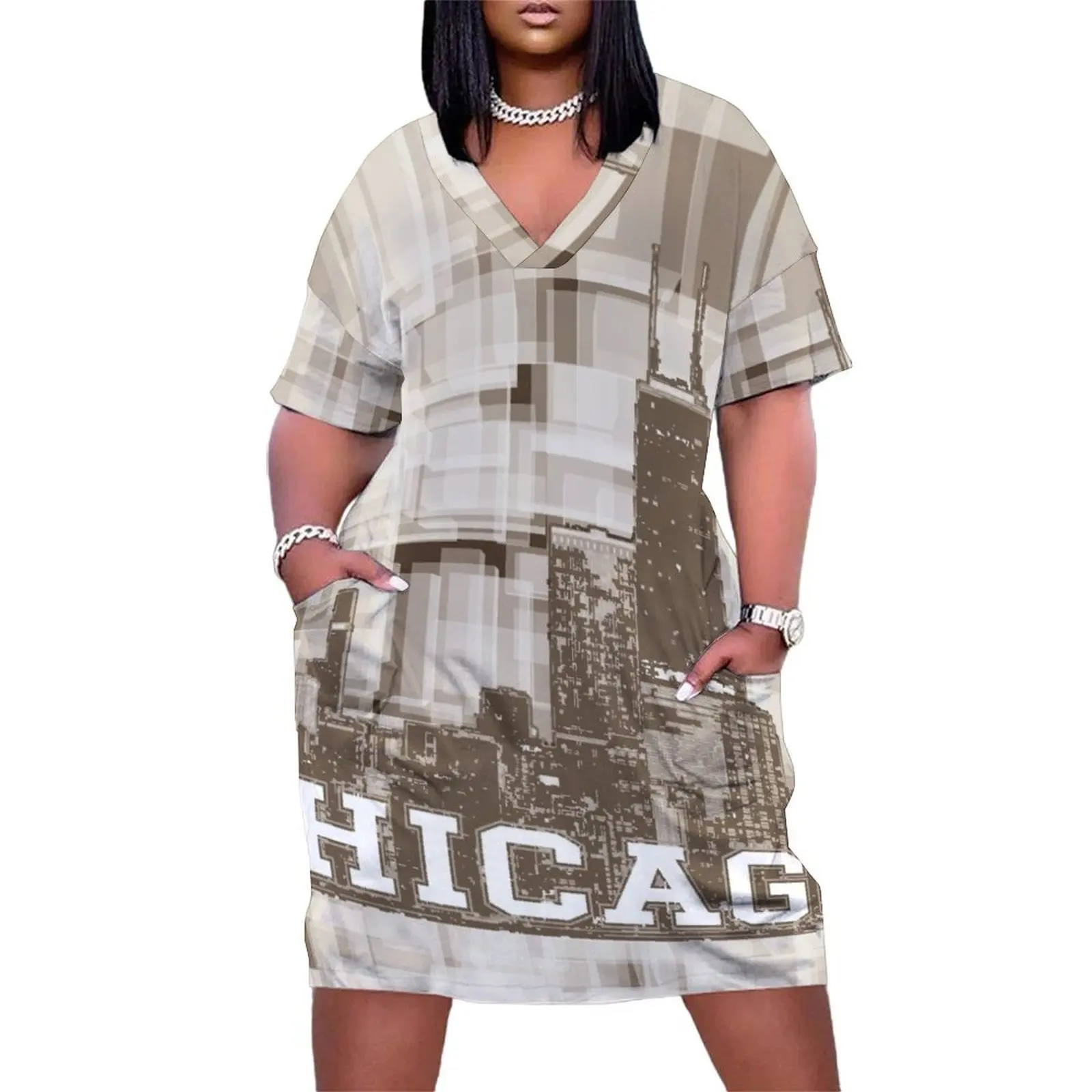 Monochrome Chicago skyline Loose Pocket Dress summer dress for women 2025 Long dresses long sleeve dresses Cocktail of dresses