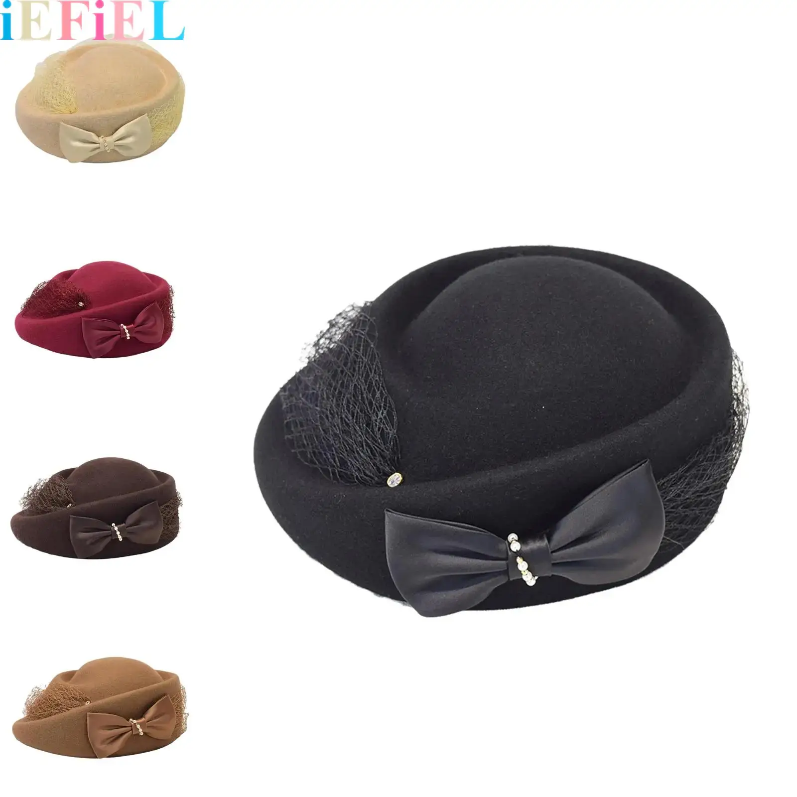 

1Pcs Women Wedding Church Hat Bow-Tie Wool Felt Pillbox Hat Adorned with False Pearls for Hat Bowknot Fedoras