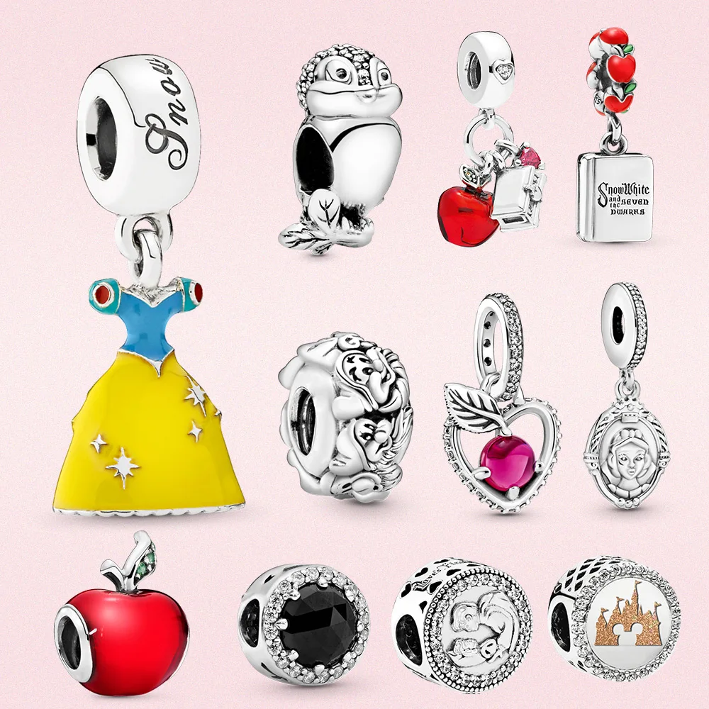 925 Silver Plated jewelry Snow White Dangle charm seven Dwarfs Red apple pendant Fit Original Disney Bracelet women fashion gift