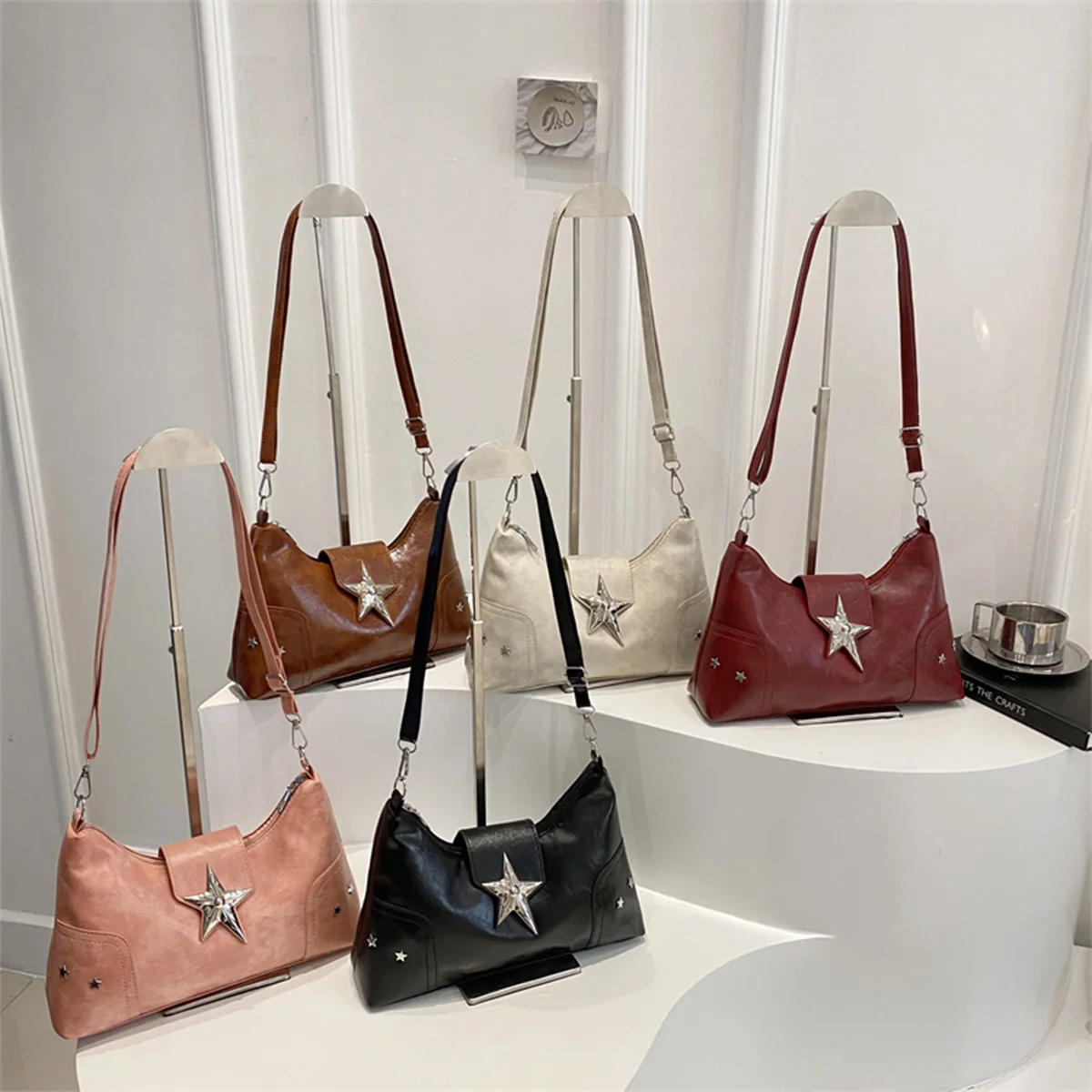 Y2K Vintage Shoulder Bag Soft PU Solid Color Messenger Bag Metal Star Lightweight Crossbody Bag for Commute Work