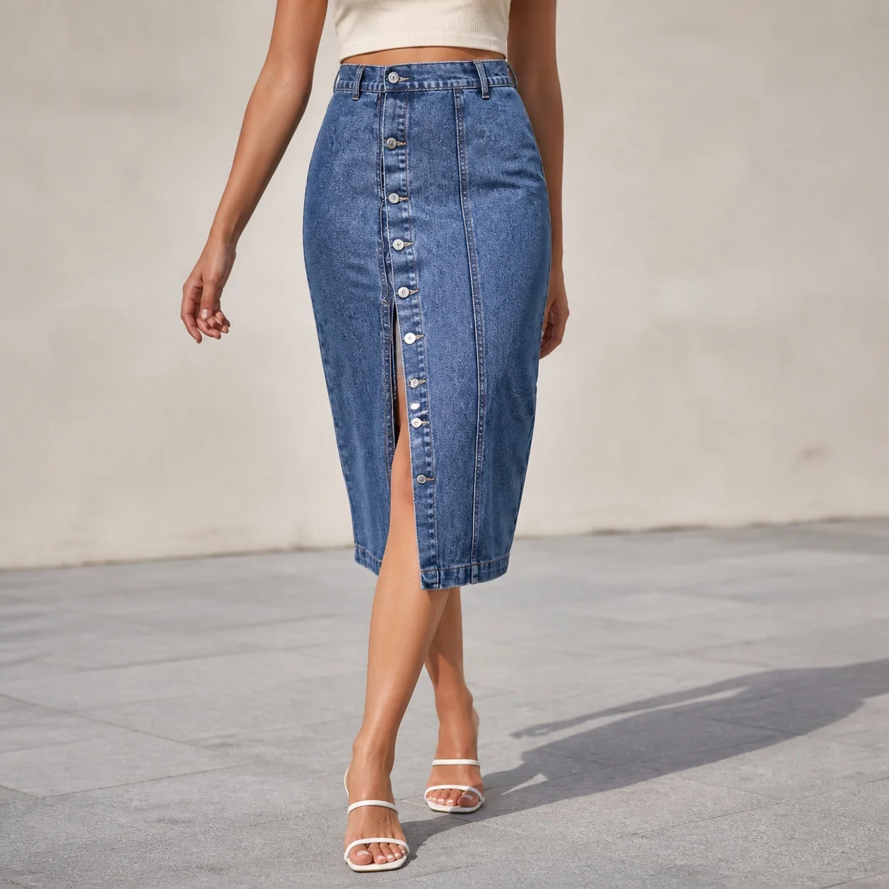 Women's Elegant Straight Solid Color Asymmetrical Wrinkle Resistant British Style Skirt For Women Button Front Side Slit